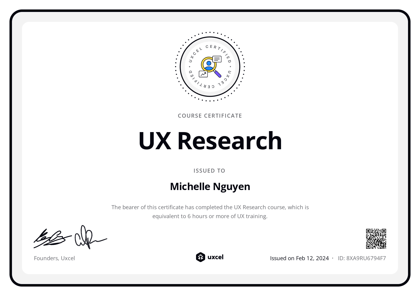 Michelle Nguyen's certificate